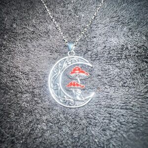 Silver Crescent Moon Necklace with Red Mushroom Accents